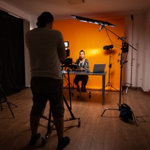 Filmmaker recording podcast